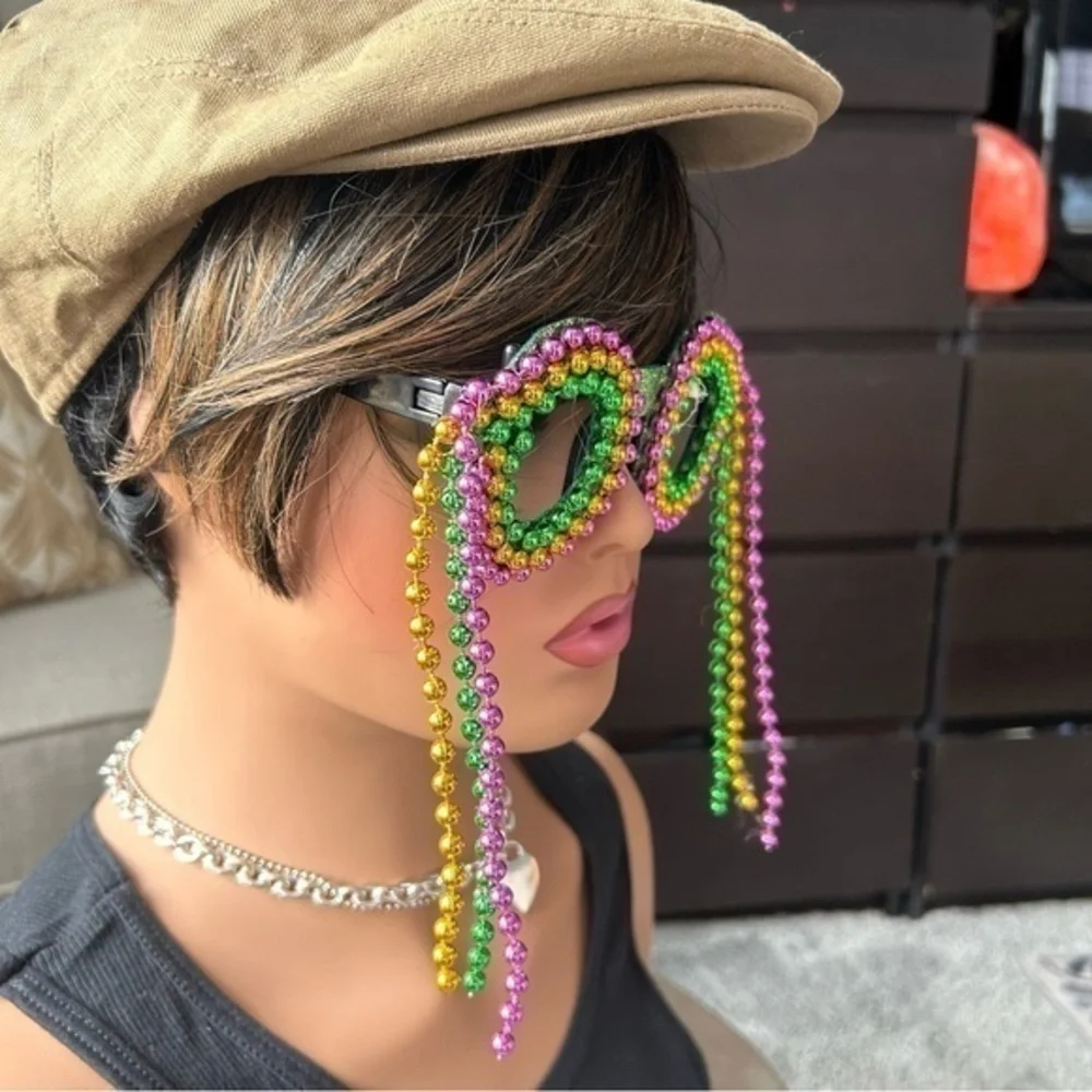 ✨GREEN GLITTER MASQUERADE Beaded glasses Mardi Gras multicolored